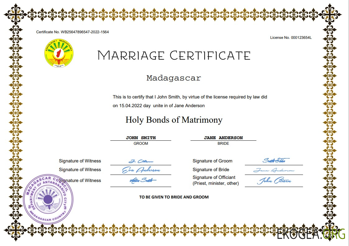 Modèle Word et PDF d'acte de mariage à Madagascar